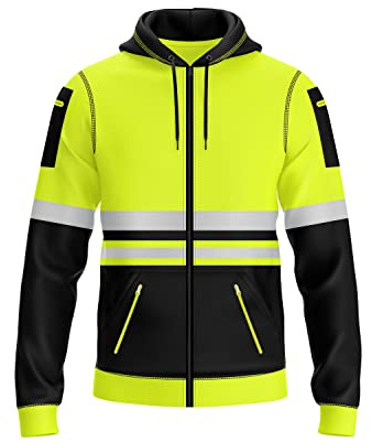 trending babz Nueva sudadera con capucha de alta visibilidad para hombre, de trabajo y seguridad, con cinta reflectante, alta visibilidad, sudadera con cremallera de manga larga, con bolsillos, S/2XL