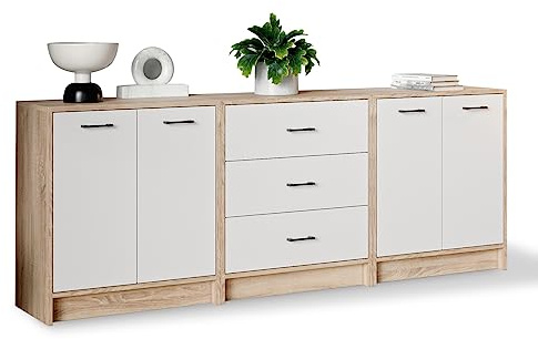 Meble Pitus Kommode Weiß 210 cm Sonoma-Eiche MP2 - Sideboard für Wohnzimmer, Schlafzimmer und Flur - 2 Kommoden mit Türen, Verbunden mit Einer Kommode mit 3 Schubladen - Komodenschrank, Möbelplatte