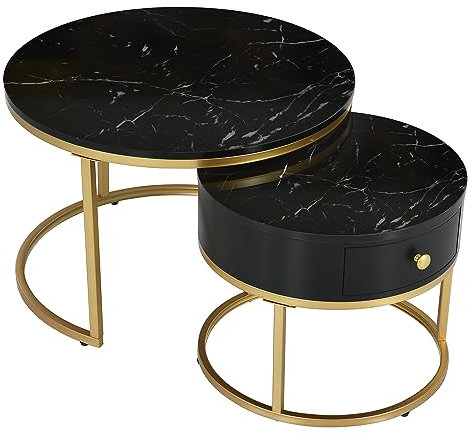 BTM Round Coffee Tables with drawer, Removable Set of 2 End Table, Nesting Tables with Storage, Marble Pattern (non-rock slab) Top for Living Room, Bedroom, Office (Black, drawer)