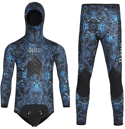 5MM Neoprene Spearfishing Wetsuit with Hooded, 2 Pieces Camouflage Hunting Diving Suit with Loading Chest Pad for Cool Water Freediving Snorkeling Swimming,Blue,XL