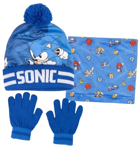 Sonic The Hedgehog Juego de gorro, guantes y redecilla para niños, juego de 3 piezas de regalo de invierno, azul / blanco, 3-10 Years