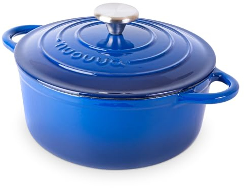 Nuovva Enamelled Cast Iron Dutch Oven Pot with Lid – 3.1 Quart Casserole Dish – Ceramic Dutch Oven for Bread Baking, Roasting, Braising & Stews – Oven Safe up to 500°F – 22cm Dark Blue