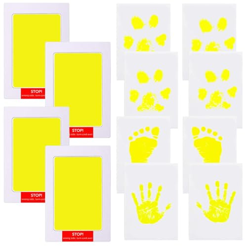 LelonHo bläckfri hand- och fotavtryck kit ren touch bläckdyna för nyfödd baby husdjur tassavtryck kit (4 bläckdynor, 8 tryckkort) (4-pack gula)