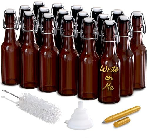 Nevlers 8.5 Oz Amber Swing Top Glass Bottles with Airtight Lid | Beer Bottle with Stopper 18 Pack w/Funnel, Brush & Marker | Reusable Flip Top Glass Bottle Set | Homemade Vanilla Extract Bottles