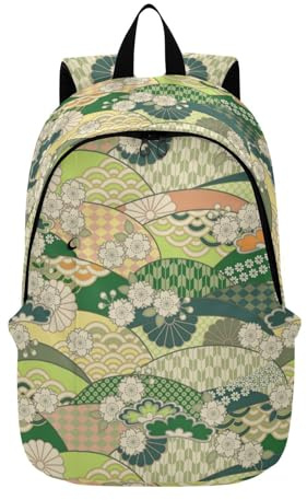 Amooorous ryggsäck för kvinnor lätt liten laptopväska 15,6 laptopväska för kvinnor och män utflykt arbete familj resor traditionell grön japansk Ukiyo-e-blomma, Traditionell grön japansk