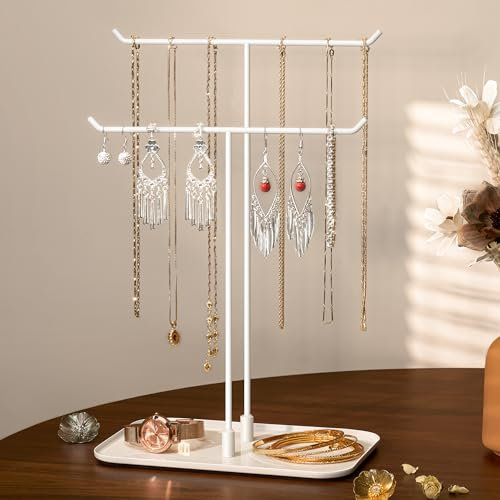 Josmimic Soporte para joyas, bandeja para joyas, almacenamiento de joyas para collares, pulseras, pendientes, anillos, idea de regalo, color blanco
