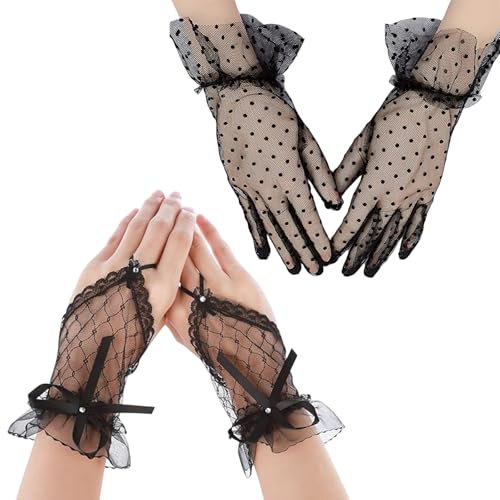 GUTERTOP 2 Paar Spitzen Handschuhe Schwarz, Netzhandschuhe Schwarz, Spitzenhandschuhe für Damen Hochzeit Beerdigung Bankett Party