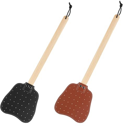 2pcs Leather Fly Swatters, Long Wooden Handle Manual Fly Swatters with Hanging Rope Heavy Duty Practical Leather Fly Swatters Indoors for Fly Mosquitoes Bees(Black, Brown)