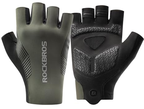 ROCKBROS Fingerless Cycling Gloves Padded Anti-Slip Shock-Absorbing Summer Bike Mitts Breathable Half Finger Short Gloves for Mountain Bike, Road Bicycle, Mtb, Riding, Men and Women Black Green M