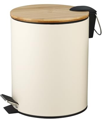 Amig - Pattumiera da bagno con pedale 3 litri Mod. Naturline - Colore bianco e bambù - Apertura igienica senza mani - Ø16,8 x 23 cm - Acciaio inox laccato - Cestino rotondo con coperchio ermetico