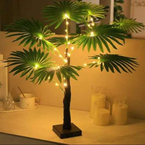 HFHungkeong LED Artificial Palm Tree Lights Decorative Table Lamps 3xAA Battery or USB Powered for Summer Party Poolside Indoor Home Fireplace Bedroom Office Decor(23.6Inch/60CM)