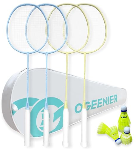 OGEENIER Badmintonracket, uppsättning av 4 badmintonracket, 6 fjäderbollar och 1 premium badmintonväska