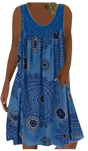 Bastwahl Robe de Plage Femme Été Grande Taille Rétro Col Rond Robes au Genou sans Manches Imprimé Floral Casual Tuniques Ample S-5XL