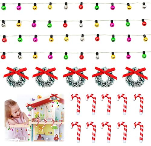 XCSJ 16 piezas decoración navideña para casa de muñecas, cadena de luces de duendes en miniatura, adornos navideños bastones de caramelo retorcidos, mini corona de Navidad para decoración de casa de