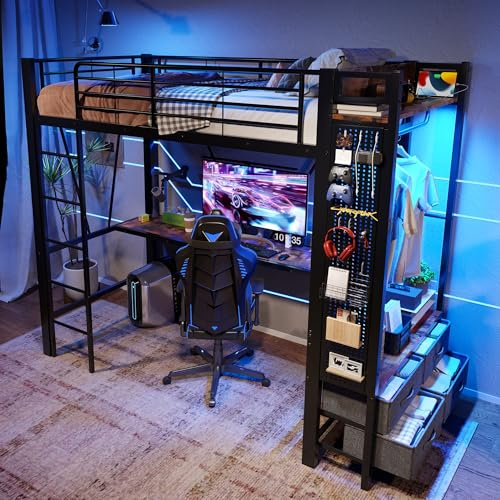 Cama a lo alto 90 x 200 cm, estructura de hierro con escritorio con poste de secado, 4 cajones, con toma USB + Type-C, tira de LED, barandilla con tabla perforada sin colchón, color: negro