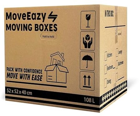MoveEazy Cardboard Moving Boxes Large Box Strong House Packing Storage Removal with Carry Handles 52cm x 52cm x 40cm (108 Litres) (108L, Pack of 10)