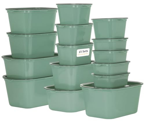 VINATO Contenitori Ermetici per Alimenti (15 Pezzi) - Set per Congelatore, Microonde, Lavastoviglie, Impilabili - Verde