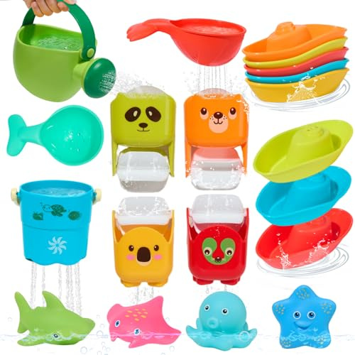 Baby Bath Toys for 1 2 3 4 Year Oids Toddler Kids 17 PCS Fun and Sare Mould Free Bathtub Water Play Swmming Pool Toys with No Mould BathBoats Rotating Waterfall Cups & Watering Can for Boys Girls