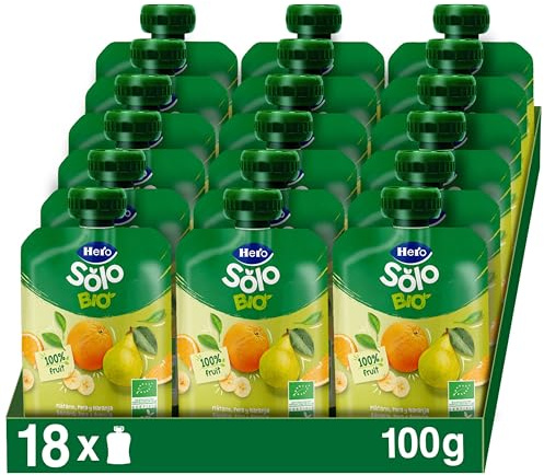 Hero Solo - Gourde Bio De Banane, Poire et Orange – Puree de Fruits BIO 100% Naturels, Compote Sans Sucre Ajouté, Sans Gluten - pour Bébés Dès 4 Mois - Lot de 18 X 100 g