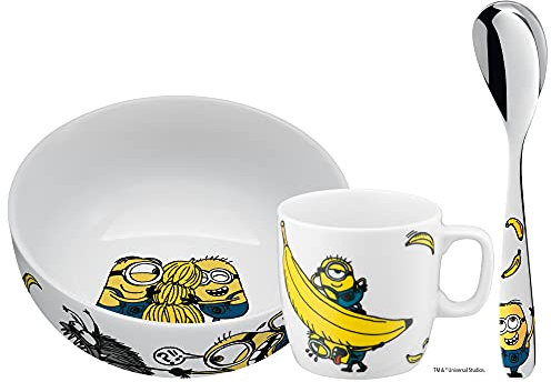 WMF Minions Kindergeschirr Porzellan mit Löffel 3-teilig, ab 3 Jahren, Kinderschale, Kindertasse, Kinderlöffel, Frühstücks-Set, spülmaschinengeeignet, farb- und lebensmittelecht