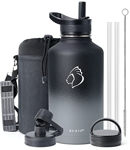 Insulated Water Bottle with Straw 2L, BUZIO Stainless Steel Insulated Water Flask Jug, Half Gallon Canteen Metal Thermo Mug Hydro Jug, Double Vacuum Hot Cold Water Bottles Carrying Pouch