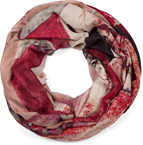 styleBREAKER Écharpe loop pour femmes avec imprimé cerf et division géométrique, écharpe tubulaire multicolore, foulard 01017131, couleur:Vieux rose-bordeaux