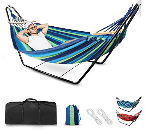 Hängematte für 1-2 Personen Hängesessel mit Gestell klappbar für Outdoor Tragetasche Tragbar Indoor Garten Camping, Farbe:Mit Gestell, Regenbogen