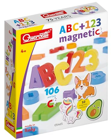 Quercetti ABC 123 Magnetic, Lettere e Numeri Magnetici per Bambini, Calamite Giochi Educativi 4 Anni, per Lavagna Magnetica, Giochi Magnetici per Bambini, Made in Italy