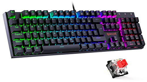 Redragon Mechanische Gaming Tastatur, QWERTZ Tastatur (Deutsches Layout) mit Rote Schalter f¨¹r PC Gamer Arbeits, 105 Tasten Programmierbare Kabelgebundene Tastatur, Stahlgeh?use, RGB Beleuchtung