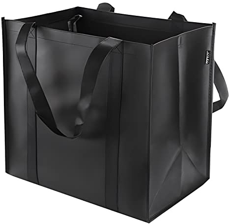 Udewo 1 Pack Reusable Grocery Tote Bag, Black Non-Woven Shopper Bag Shopping Cart Bag Stands Upright Tote Bag Foldable Shopping Bag Shopping Tote with Reinforced Handles for Life, Picnic, Camping