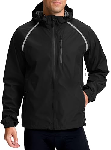 Men's Cycling Rain Jackets Waterproof Running Bike Windbreaker Hooded Reflective Biking Windproof Bicycle Riding(Black,L)