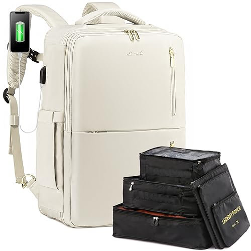 LOVEVOOK Handgepäck Rucksack Flugzeug, Reiserucksack Damen Herren, Travel Backpack mit Schuhfach, Erweiterbarer Business Rucksack 30-40l 18 Zoll Handgepäck 55x40x20 für Reise Arbeit Ferien, Beige