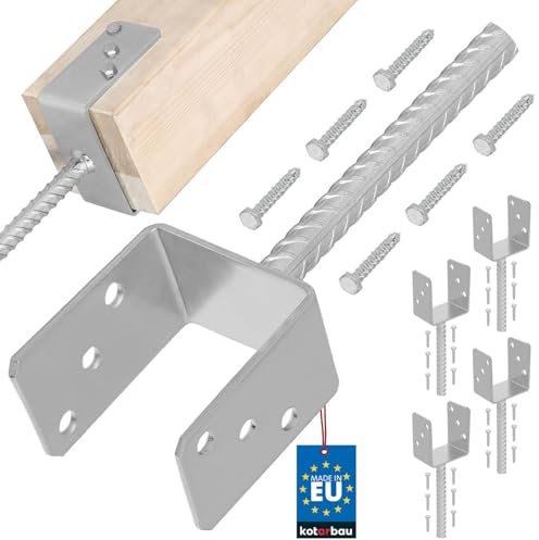 KOTARBAU® Juego de 4 soportes para postes de hormigón, U 101 mm, acero galvanizado en caliente, anclajes de hormigón para postes de madera, acero estriado, anclaje para postes, manguito de suelo,