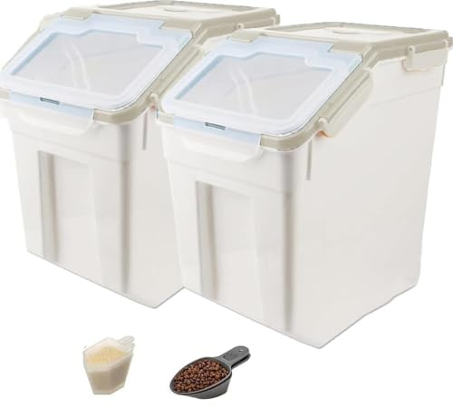 YXQ 50LB Large Flour Storage Container Bin,2 Pack Airtight Plastic with Wheels Seal Locking Lid Dispenser Organizer Bin with Measuring Cup & Scoop for Flour, Rice, Grain 100LBS Total Capacity(Grey)