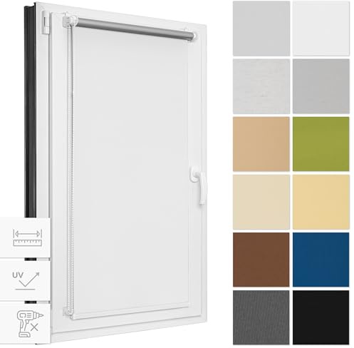 Estika Verdunklungsrollo ohne Bohren, Breite alle 1 cm - 69 cm x 120 cm - Weiß - Thermorollo, Rollos für Fenster ohne Bohren, Sonnenschutz Fenster innen