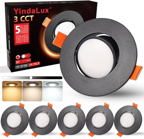 YindaLux Einbaustrahler LED 230V Dimmbar Schwenkbar Einbauspots 5W IP44 LED Spot 68-80mm lochmass Deckenspots Warmweiß Neutralweiß Kaltweiß Einbauleuchten für Badezimmer Wohnzimmer Schwarz 6er Set