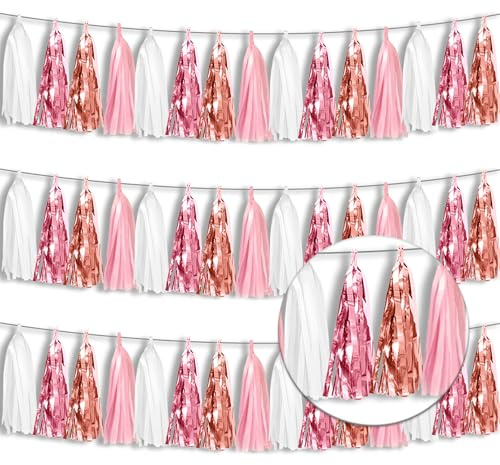 3P Metallic Fringe Tassel Banner Garland Foil Tinsel Streamer Wall Hanging Curtain Backdrop for Parade Floats, Graduation, Wedding, Birthday, Retirement Party Decorations(Rose-Gold Pink White)