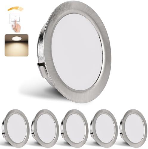 YindaLux Set med 6 dimbara infällbara LED-spotlights, 230 V, 3 W, 4 000 K, neutral vit, 15 mm extra platt takspotlight 300 lm hål 55–58 mm, IP44 badrumsplats, borstad nickel