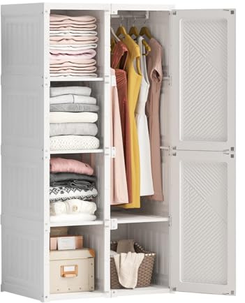 Mutuolux Armoire de Rangement Portable avec Étagères et Tringle, Placard en Plastique Blanc, 4 Compartiments pour Vêtements et Accessoires