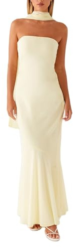 Cusghjbsg Robe longue tube pour femme avec écharpe - Sans manches - Style bohème - Motif floral - Sans bretelles - Dos nu - En maille - Bandeau - Longue robe de plage, Jaune A, S