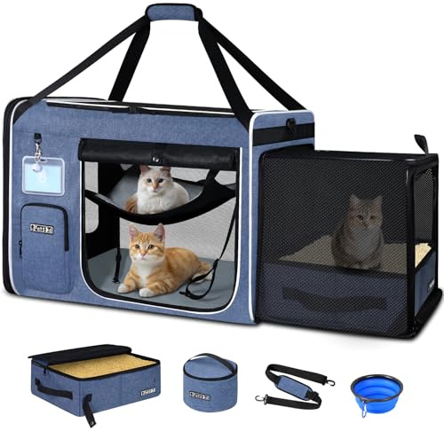 Petskd Side Expandable Extra Large Cat Carrier with Litter Box Area for Long Distance Car Travel,24x17x17 Collapsible Soft-Sided Large Pet Carrier with Zipper Locks for 2 Cats Under 55LBS(Blue)