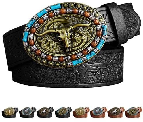 LUKIUP Cintura in Pelle Western con Fibbia da Cowboy per Uomo e Donna, Western Cintura Cowboy Uomo con Incisione Floreale Longhorn Bull Texas, con Fibbia in Pelle per Jeans, per Regalo di Compleanno