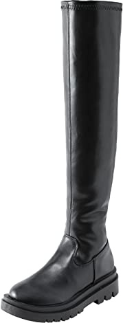 Generisch Botas de mujer con cremallera lateral de color sólido, fondo grueso, botas elásticas sobre la rodilla, Negro , 39 EU