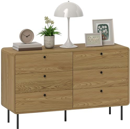 HOMCOM Bedroom Chest of Drawers, Modern 6 Drawer Dresser with Rounded Corners and Steel Legs for Living Room, Hallway, Entryway, 120W x 40D x 75H cm, Oak