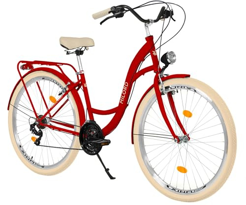 MILORD Damenfahrrad Citybike Komfort Hollandrad Vintage Fahrrad, 26, 28 Zoll, 21-Gang (Rot, 28 Zoll)