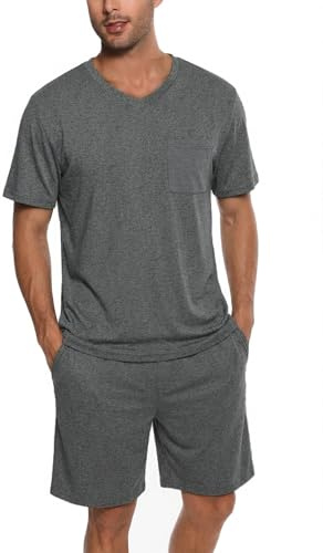 Ekouaer Mens Pyjamas Set Shorts Pjs Short Sleeve Men's Loungewear Summer Nightwear Checked Bottom and V-Neck Pyjama Top with Pocket