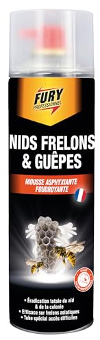 FURY - Mousse Nids Guêpes & Frelons - Elimination des Nids - Prévention Recolonisation - Tube Prolongateur - Efficace sur Frelons Asiatiques - 500ML - Fabrication française
