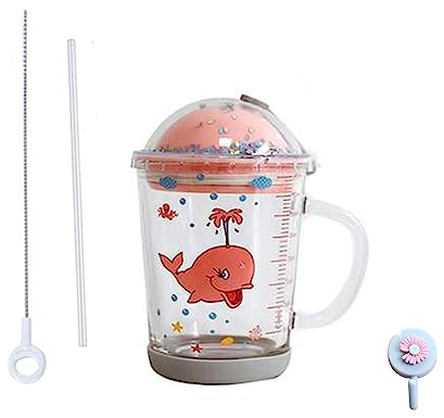 Xfeyaqlo Tazza con cannuccia, con coperchio, coperchio antiscivolo e cannuccia in silicone, per tè al latte, per forno a microonde, balena rosa, vetro, 400 ml