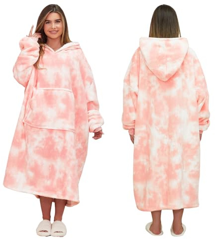 Dreamscene Extra-Long Tie Dye Blanket Hoodie, Mothers Day Gifts Soft Sherpa Fleece Warm Cosy Oversized Hoodie Women Wearable Blanket Hooded Snoodie for Adult Teens Men Big Jumper, Blush Pink