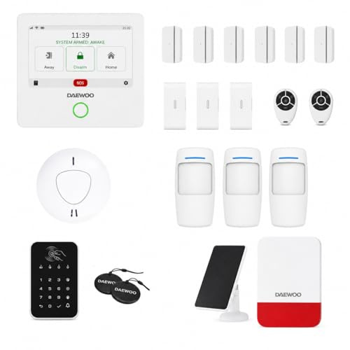 Daewoo Pack Alarme AM313 – Centrale Tactile Wi-FI/GSM, Sirène Solaire 110 DB, Détecteur Mouvement Anti-Animaux, Ouverture, Vibration, Fumée, Clavier sans Fil & Badges RFID - App Daewoo Home Connect